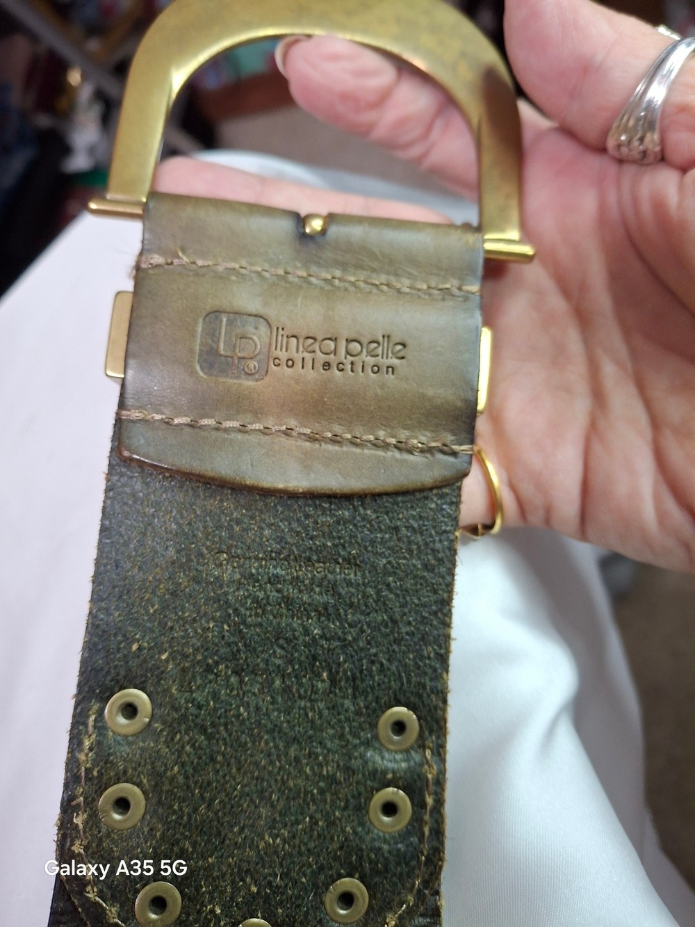 Linea Pelle Brown Leather Belt with Brass-Tone Green Accent Buckle - Picture 7 of 11